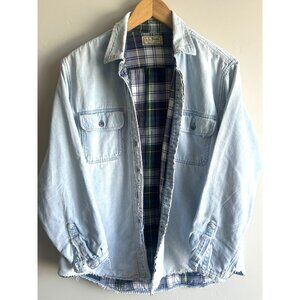 LL Bean Shacket Womens Medium VTG Distressed Light Denim Flannel Lined Grunge